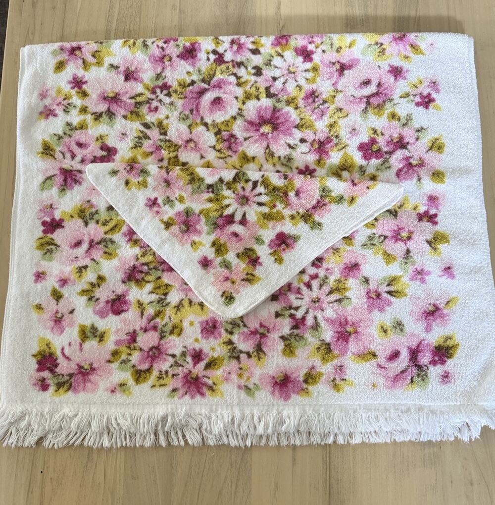 Vintage Spring Maid Pink Floral Wash Cloth And Bath Towel Set 100% Cotton